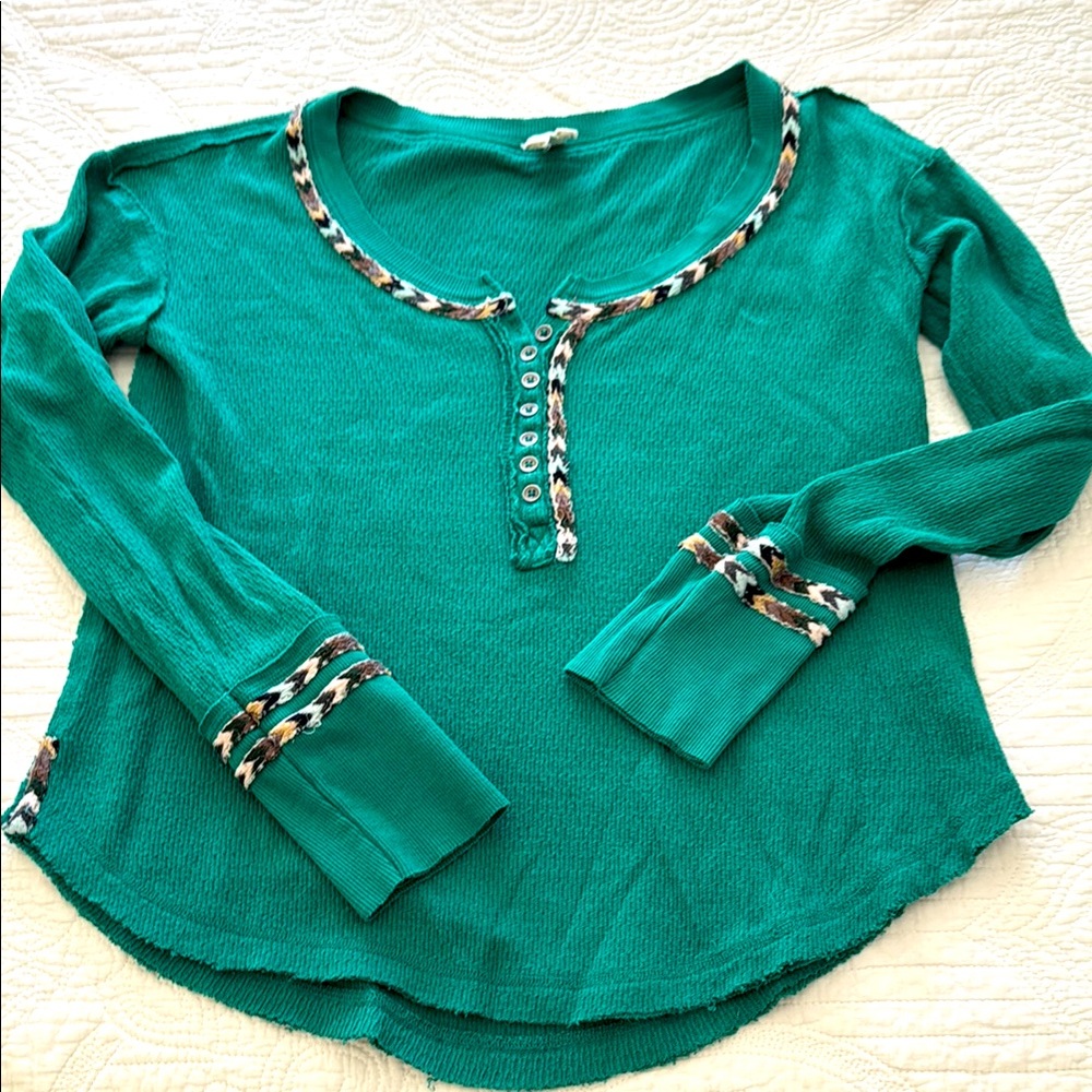 Free People Green Waffle HenleyTop